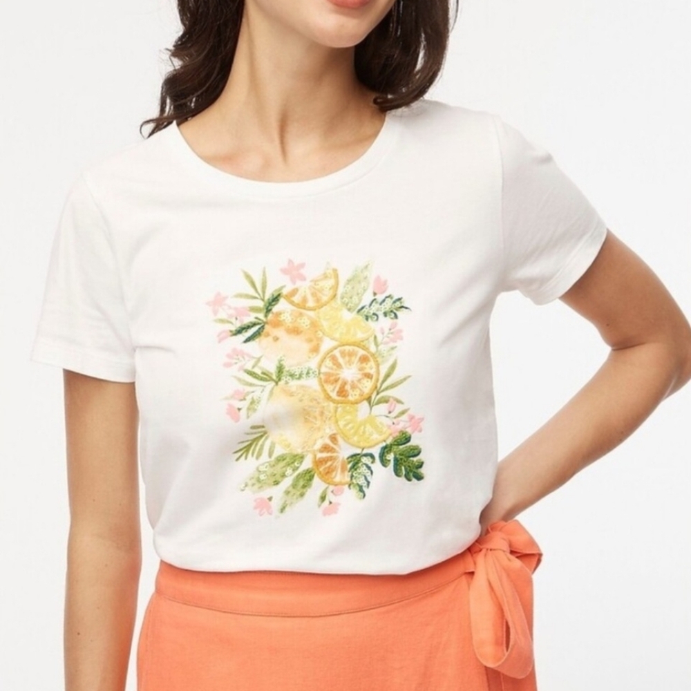 J Crew Collector's Fruit Sequin Cutesy Feminine Office Outing Tee Shirt Sz L
